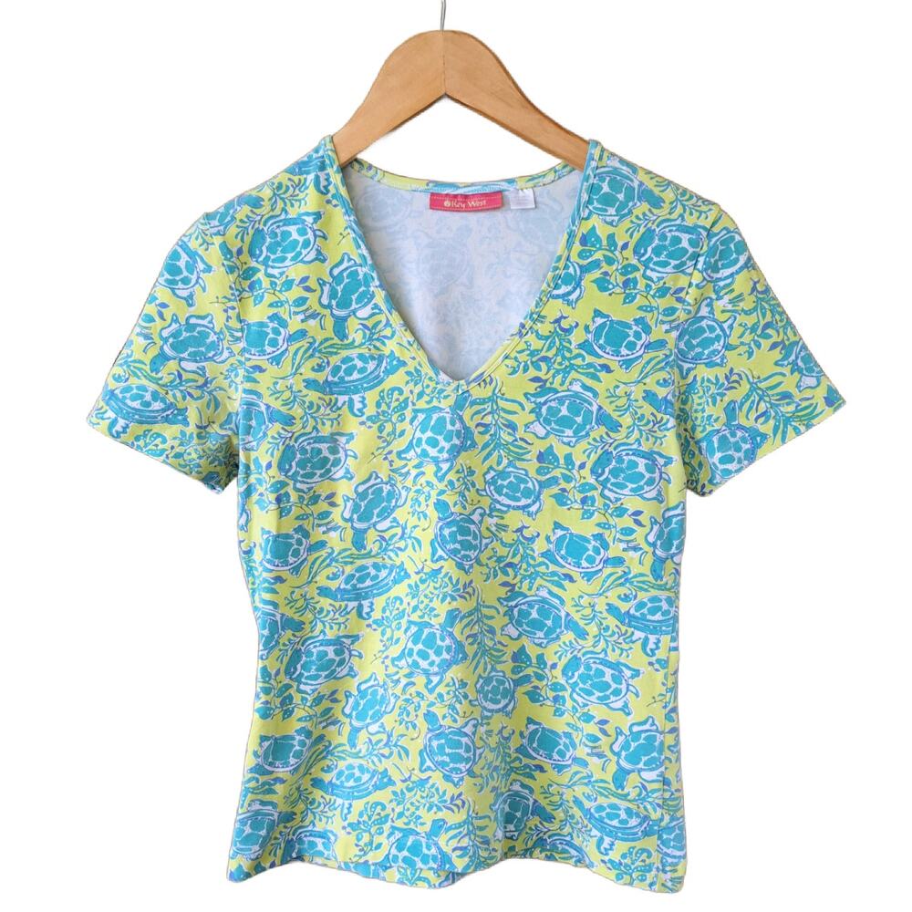 Key West Turtle Print V-Neck T-Shirt XS  Resort Turquoise Blue Beachy